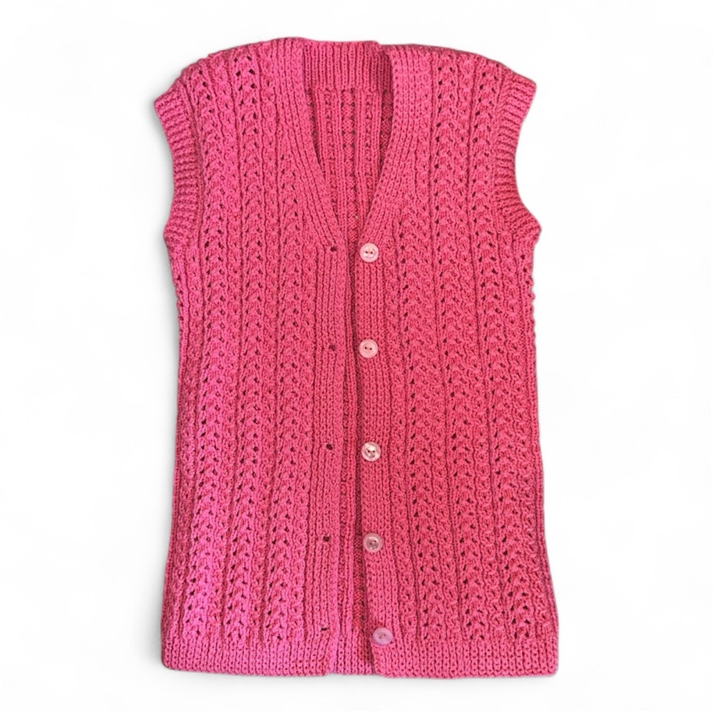 Hand Knit Button Down Sweater Vest in Pink